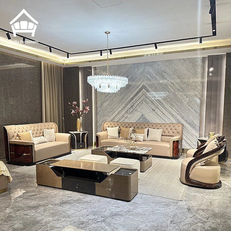 Italian leather tufted sofa set in an elegant living room showcasing luxury and sophistication with chic decor.