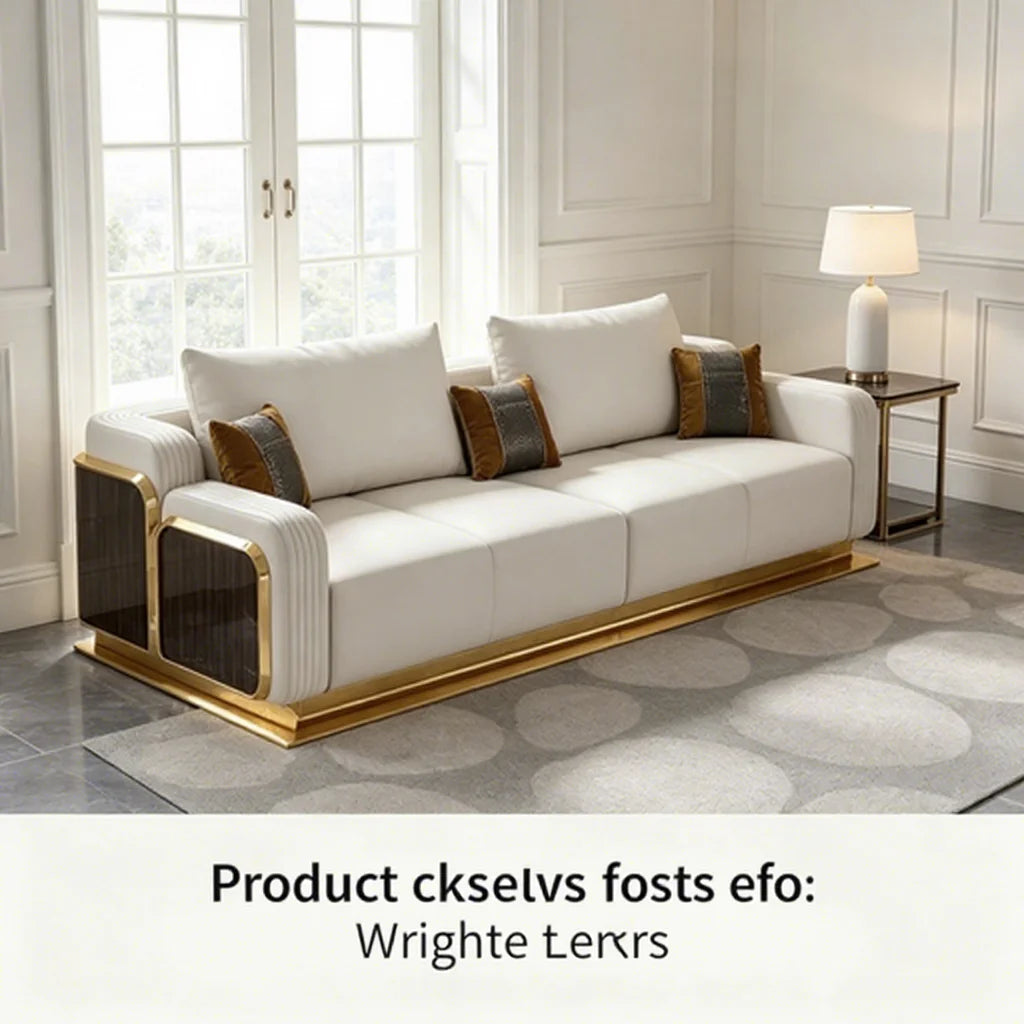 Contemporary white faux leather sofa set with gold metal frame and wood veneer accents in a bright living room.
