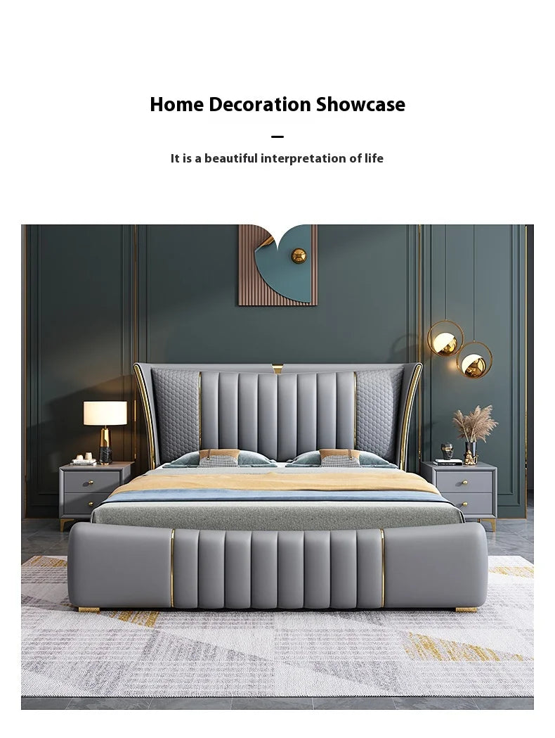 luxury leather upholstered bed frame in light gray with modern design and stylish decor accents