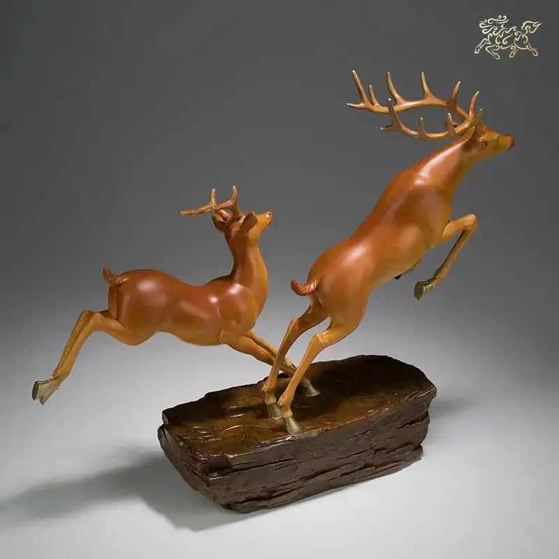 Hand-Engraved Brass Fu Lu Shou Deer Sculpture | Limited Edition Auspicious Art