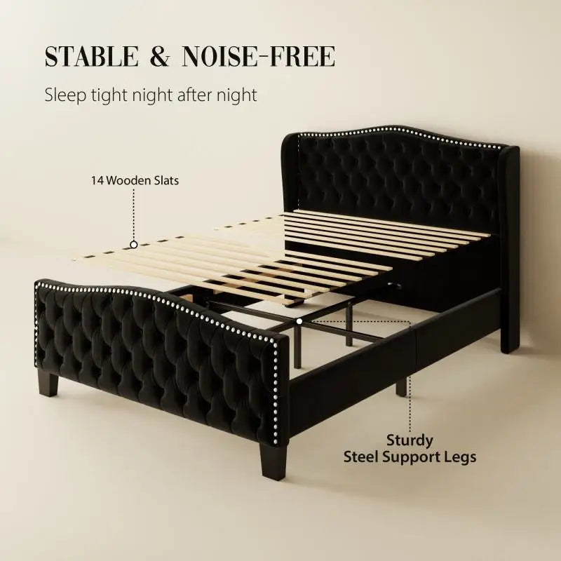 Tufted Velvet Wingback Bed with black upholstery, wooden slats, and silver nailhead trim for luxury bedroom decor.