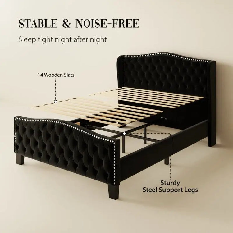 Black bed frame with wooden slats and steel support legs on a beige background
