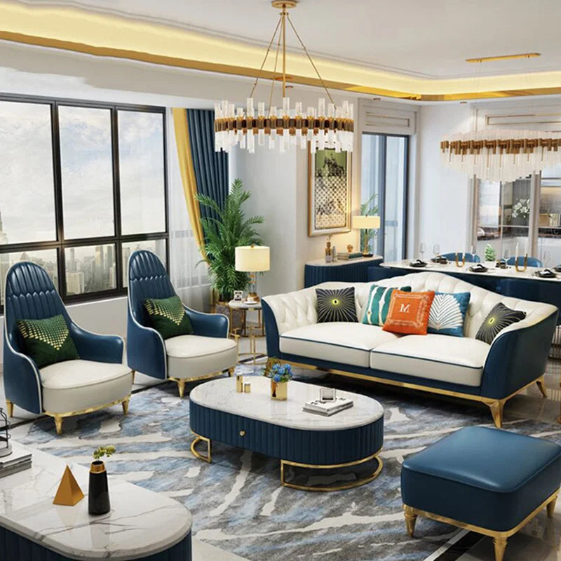 Tufted leather modular sofa set with gold stainless steel legs in an elegant living room setting.