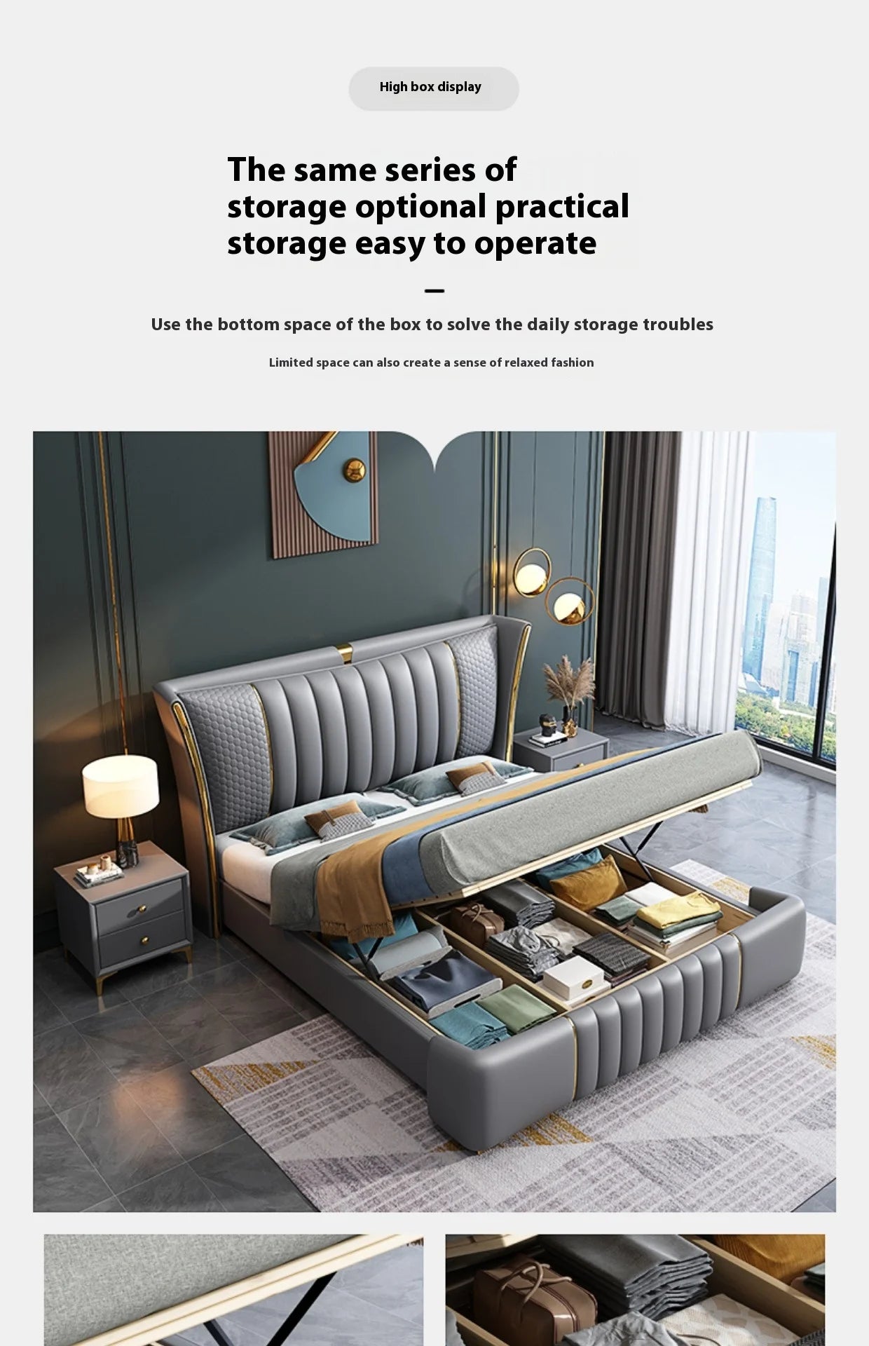 Modern luxury leather upholstered bed frame with storage, showcasing practical and stylish design in a contemporary bedroom.
