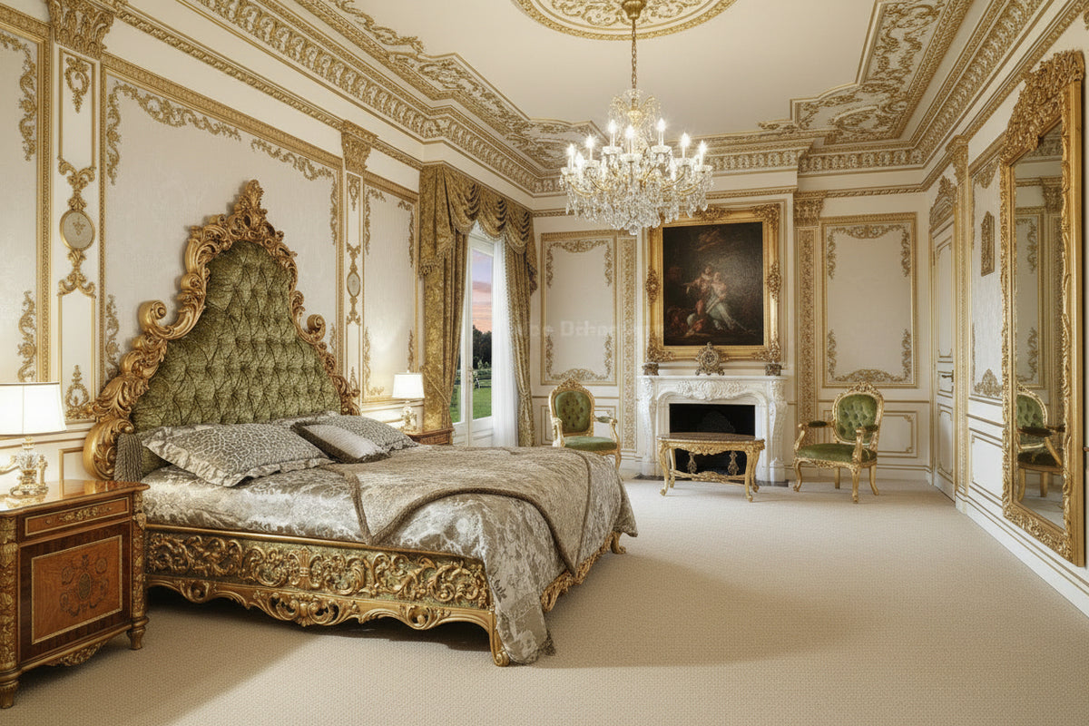 An ornate baroque-style bed with a large tufted green headboard and gold carved frame, dressed in matching green and gold bedding, set against a decorated gold and cream wall.