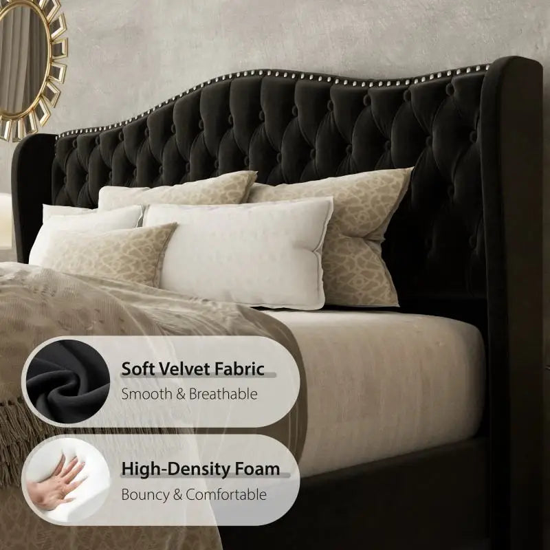 Tufted velvet wingback bed with soft velvet fabric and high-density foam for comfort and style.