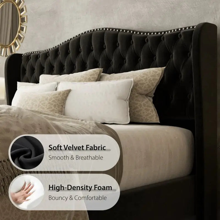 Bed with black tufted headboard and decorative pillows, featuring soft velvet fabric and high-density foam text.