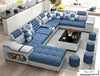 U-Shaped 7-Seater Sectional Sofa in blue fabric with decorative pillows and modern design, perfect for stylish living rooms.