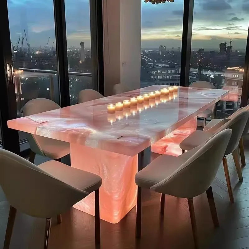 Luminous 8-Seater Dining Table — Natural Stone & Pink Jade Marble Top