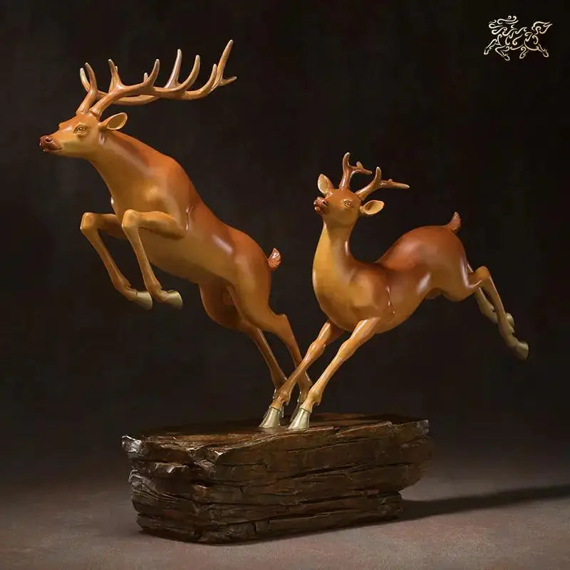 Hand-Engraved Brass Fu Lu Shou Deer Sculpture | Limited Edition Auspicious Art
