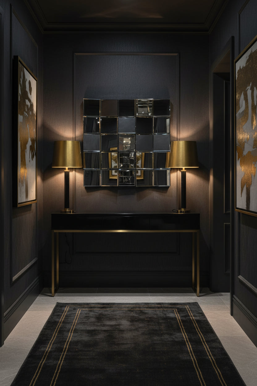 Square mirror in a hallway setting with lamps and a beautiful accent rug