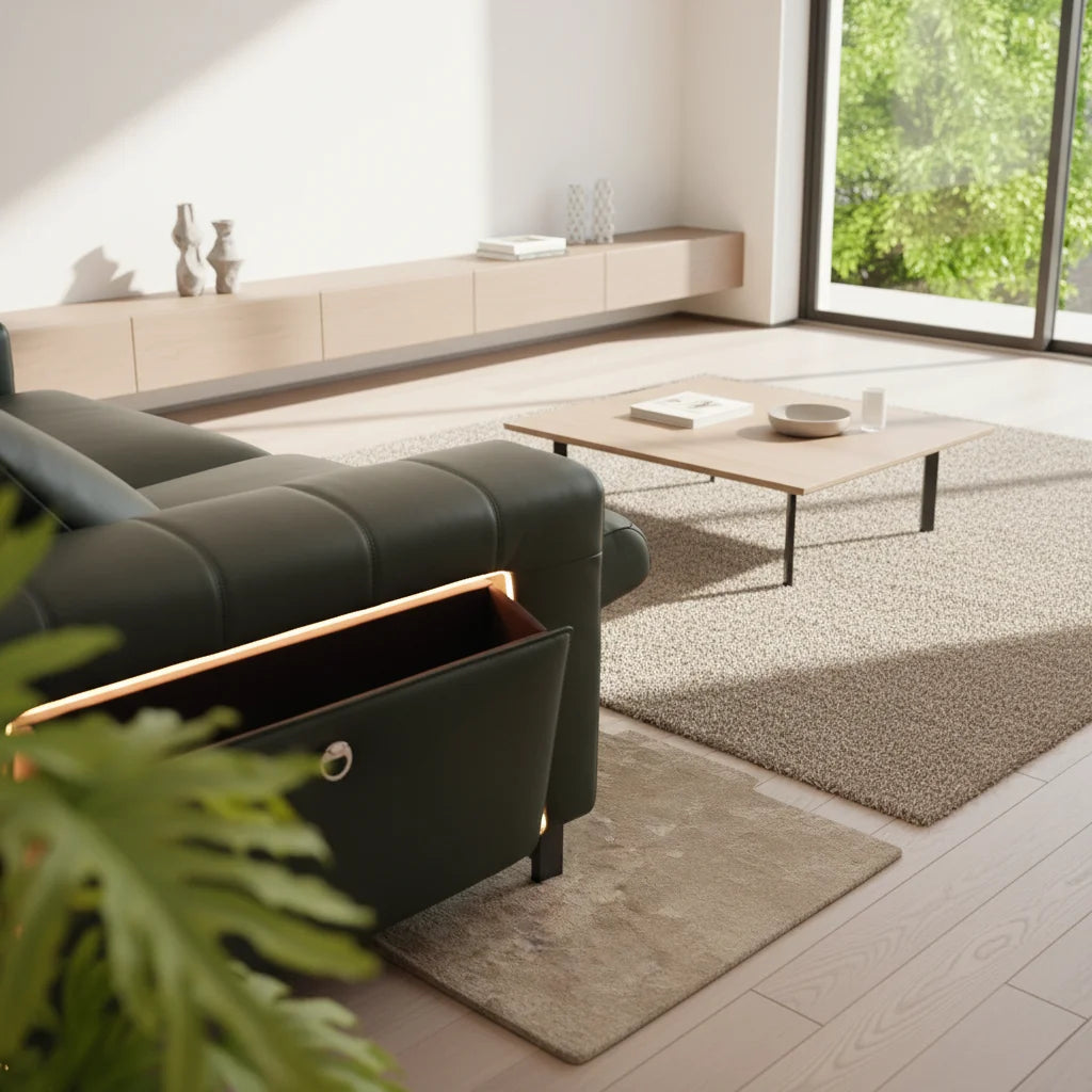 A modern living room scene featuring a dark green leather sectional sofa with a storage compartment open, revealing a copper-toned interior. The sofa is styled in a bright, minimalist room with a light wood coffee table, textured beige rug, and large windows looking out to greenery.