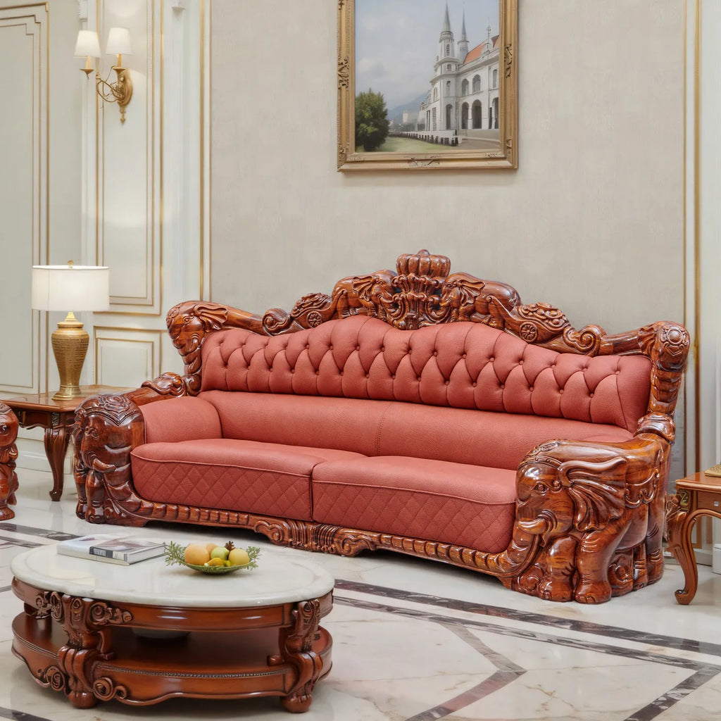 European black gold leather sofa set with ornate wood carving and rich upholstery in a lavish living space.