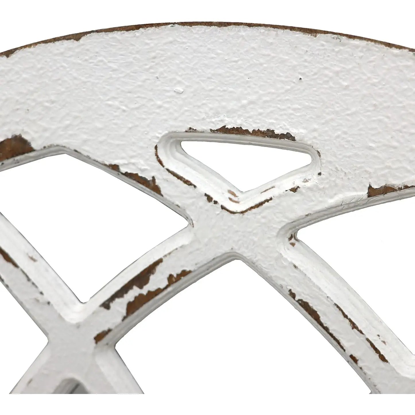 Close-up of a white metal wheel with brown accents on a white background