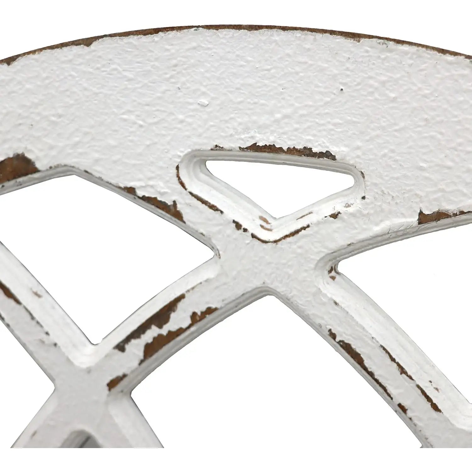 Close-up of a white metal wheel with brown accents on a white background