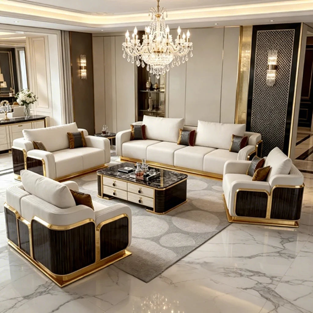 Contemporary Villa Sofa Set — White Faux Leather, Gold Metal Frame & Wood Veneer
