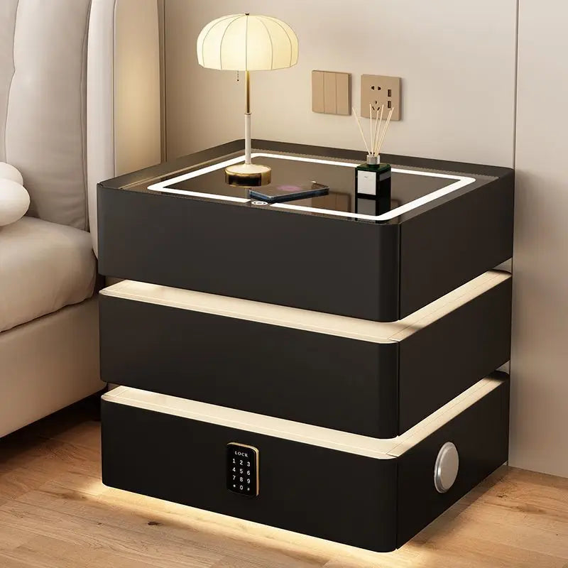 Smart nightstand with wireless charging, featuring 3 drawers, LED lighting, and password lock.