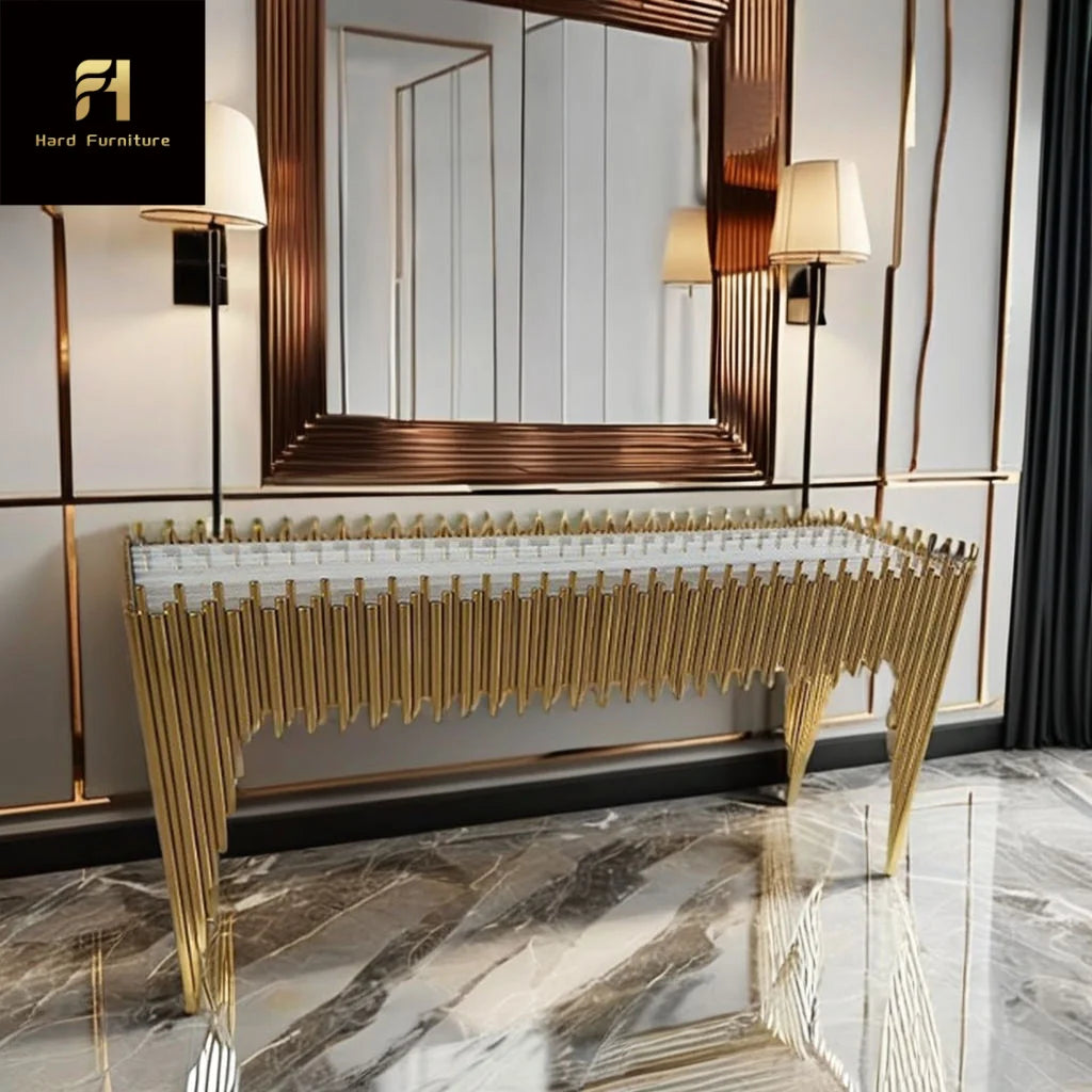 Gold titanium marble console table with geometric design and a luxurious marble top, reflecting modern elegance.