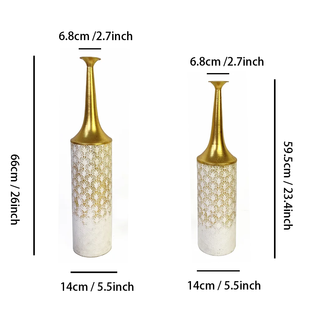Set of 2 Rustic Tall Metal Floor Vases — Vintage Gold Finish