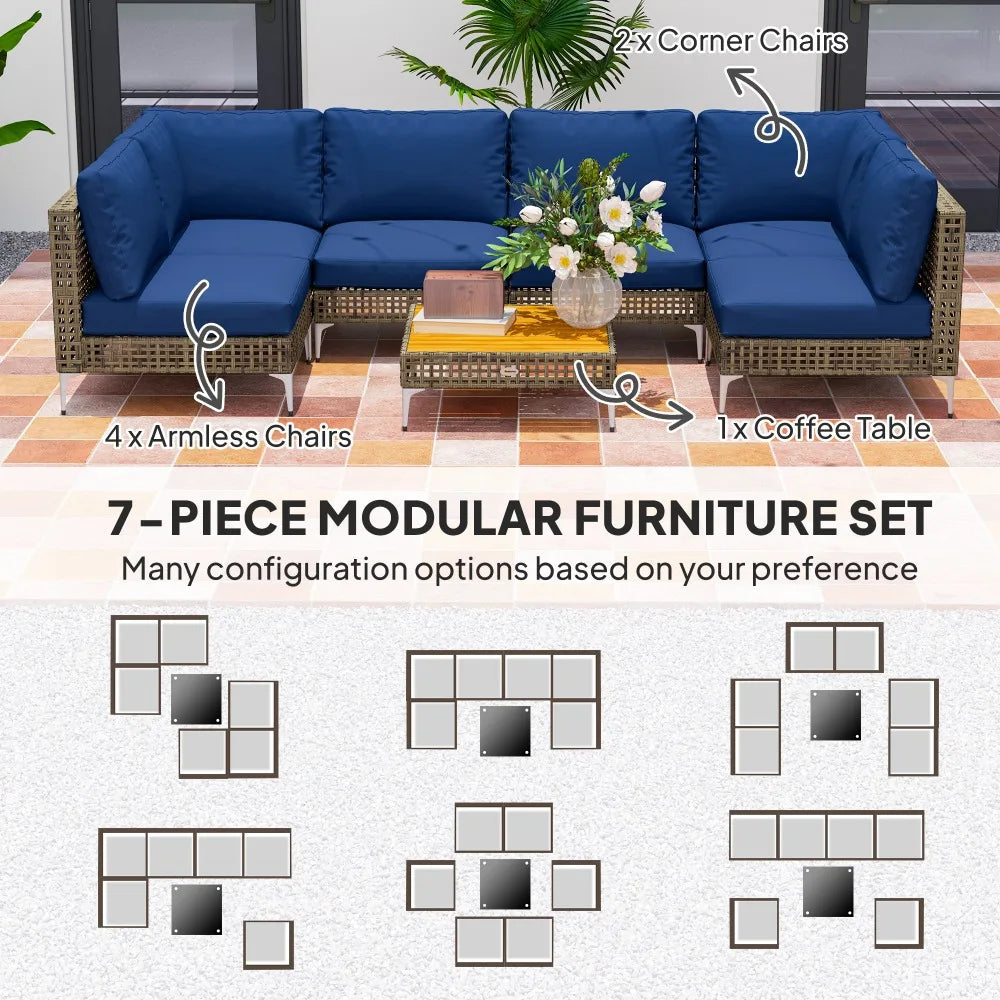 7-Piece Modular Outdoor Sectional Sofa Set | PE Rattan, Acacia Wood Table & Thick Cushions | Blue with configuration options