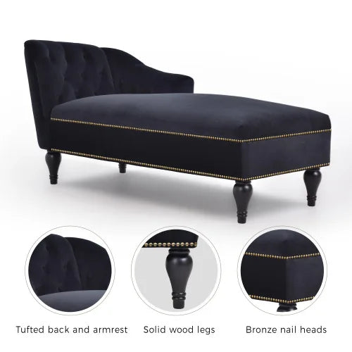 Black tufted chaise lounge with bronze nail heads on a white background
