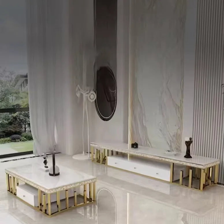 Luxury marble stainless steel TV stand showcasing opulence and beautiful statement pieces in a modern living room.