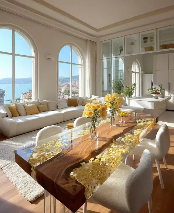A bright, modern living and dining room with large arched windows overlooking water. The space features a white sectional sofa with yellow pillows, a glass-top dining table with a live-edge wood top and yellow floral accents, white dining chairs, and a kitchen in the background.
