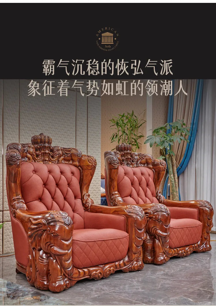 European black gold leather sofa set featuring hand-carved wood design and luxurious upholstery.