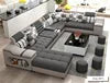 U-shaped 7-seater sectional sofa in a modern living room setting with decorative pillows and a coffee table.