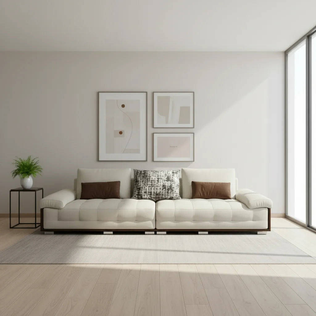 customizable luxury modular sectional sofa in a modern living room with art and green plant.