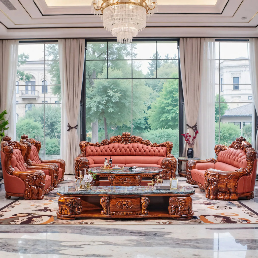 European black gold leather sofa set displayed in an elegant living room with large windows and exquisite detailing.