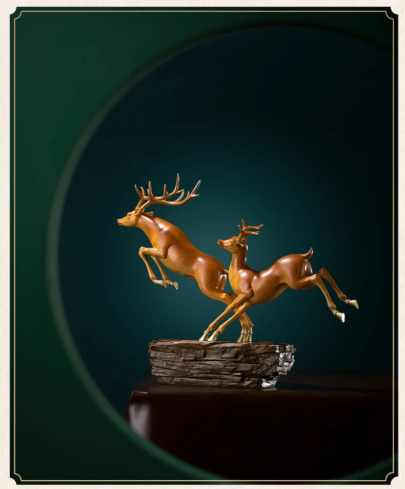 Hand-Engraved Brass Fu Lu Shou Deer Sculpture | Limited Edition Auspicious Art