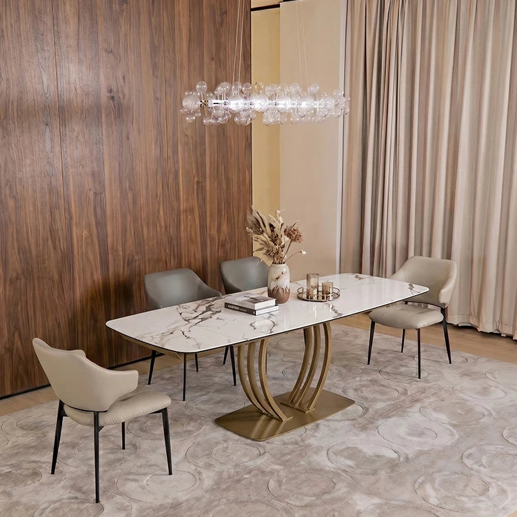 extendable sintered stone dining table with elegant metal frame in modern dining room setup
