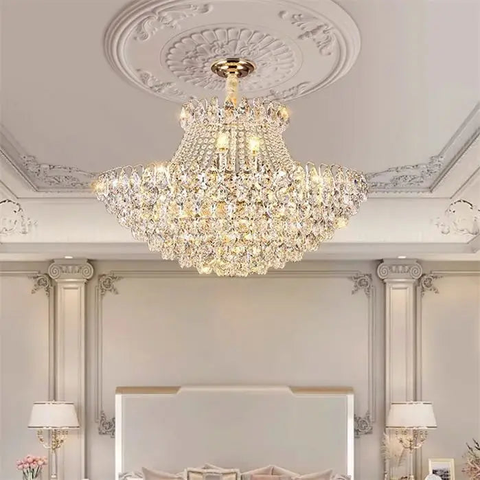 luxury crystal chandelier illuminating an elegant living room with exquisite design and shimmering crystals.