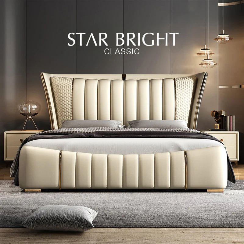 Modern Luxury Leather Upholstered Bed Frame King in cream with tufted headboard and elegant design.