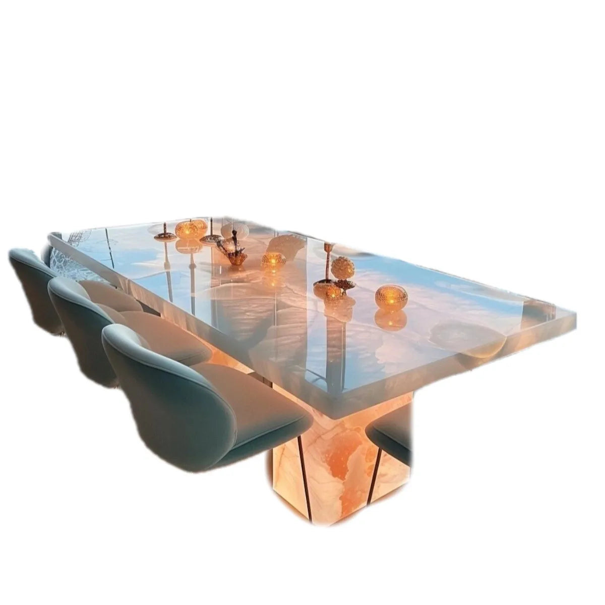 Luminous 8-Seater Dining Table — Natural Stone & Pink Jade Marble Top