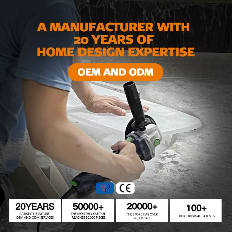 Person using a tool with text about home design expertise, OEM, and ODM services.