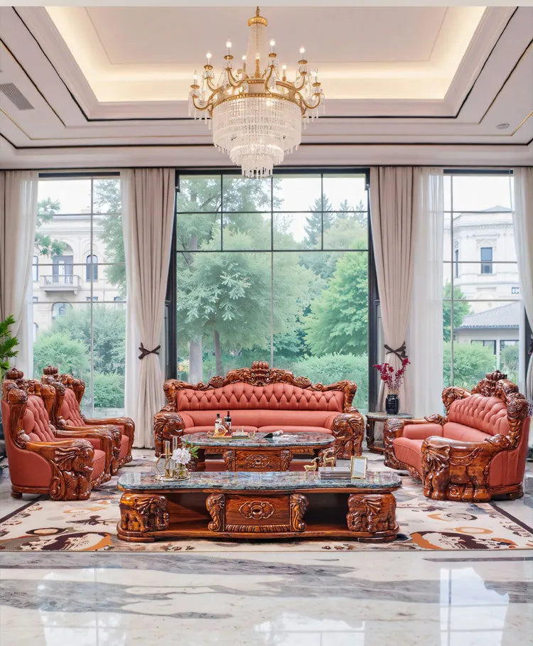 European black gold leather sofa set in an elegant living room with chandelier and large windows.