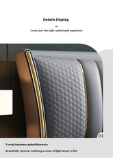 Car interior detail with honeycomb pattern and gold trim, text about comfortable experience and luxury.