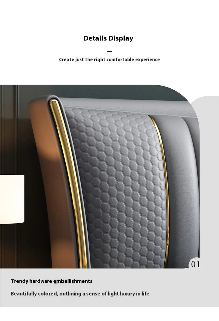Car interior detail with honeycomb pattern and gold trim, text about comfortable experience and luxury.