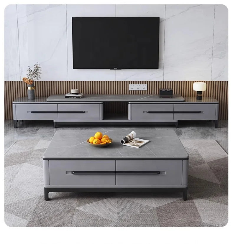 Nordic Minimalist Marble Top Coffee Table in modern living room setting with grey furniture and TV.