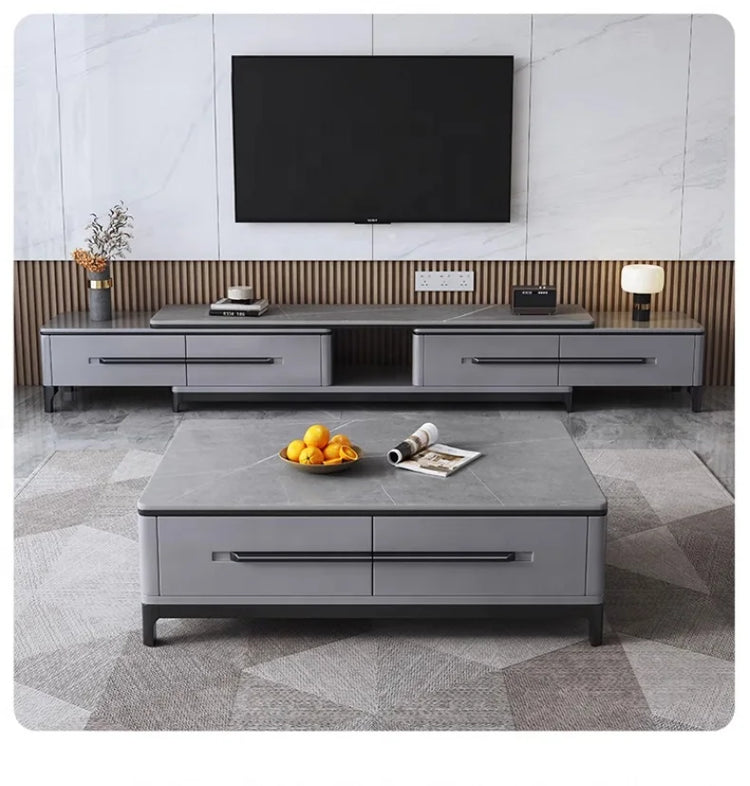 Modern living room with a gray TV stand and coffee table.