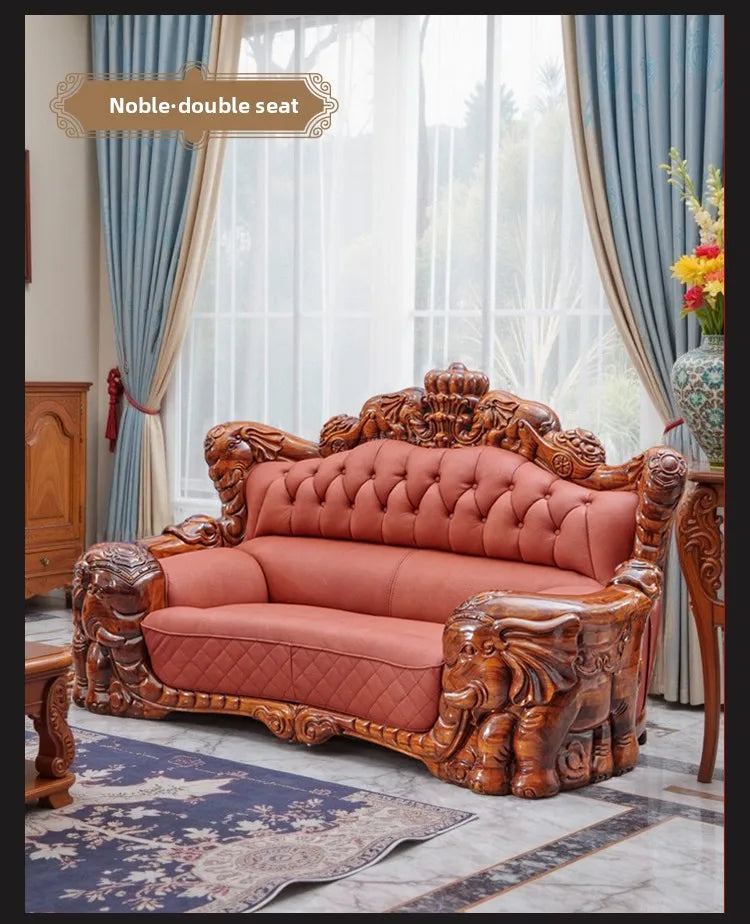 European black gold leather sofa set featuring a hand-carved wood frame and plush seating.