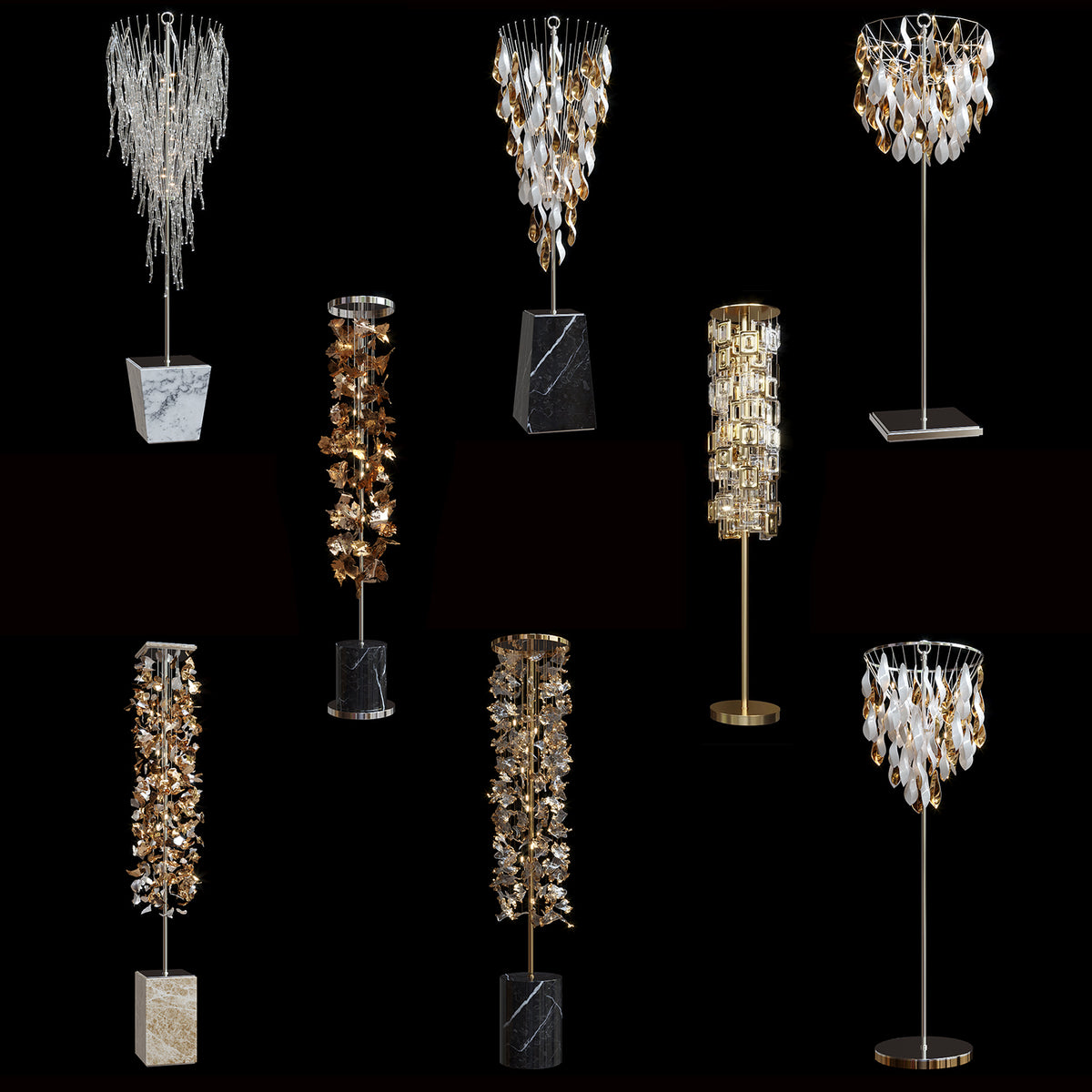 Various custom golden glass floor lamp designs showcasing modern elegance and intricate craftsmanship.