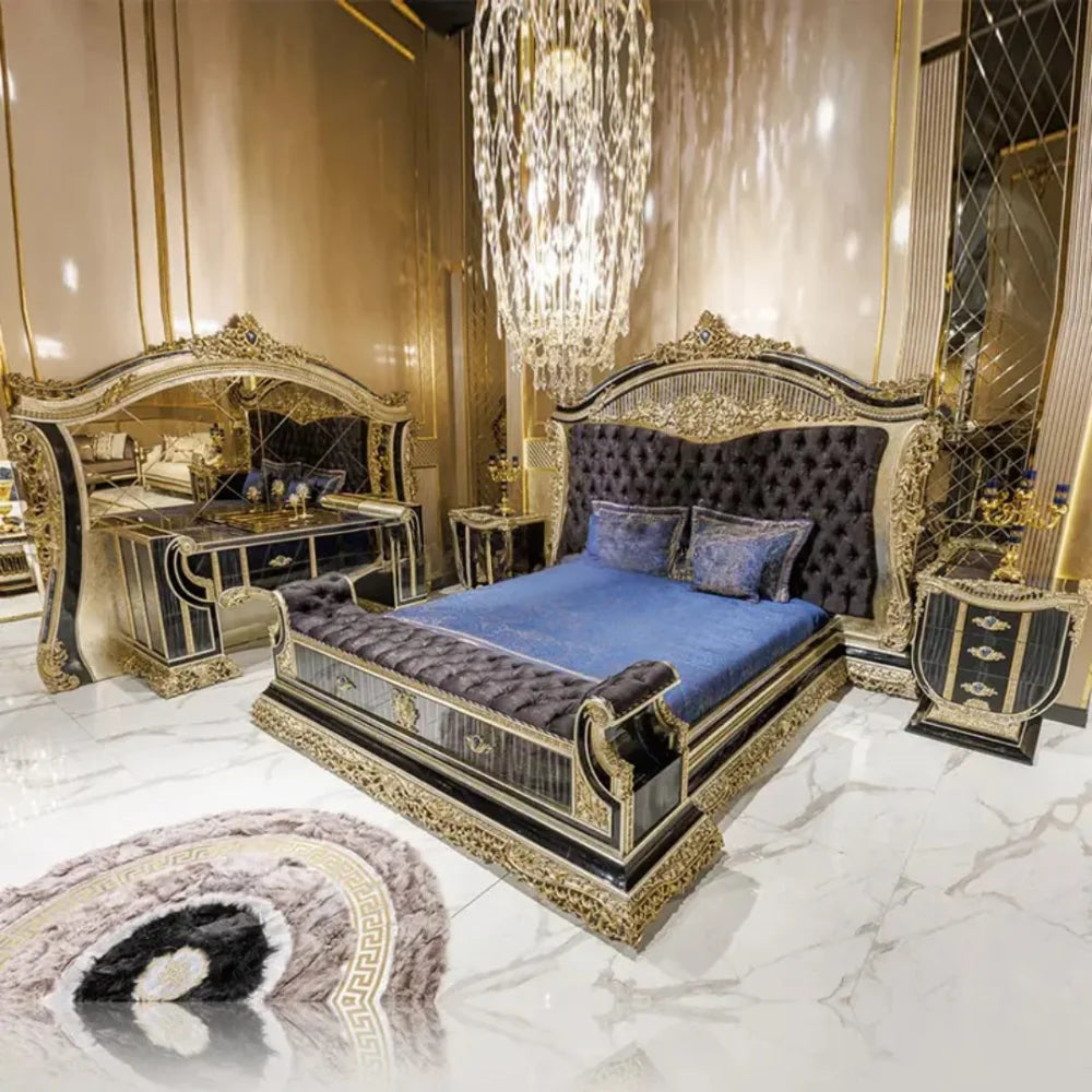 Royal Tufted Round Bedroom Set | Mahogany Frame + Nightstands in a luxurious Victorian style bedroom.