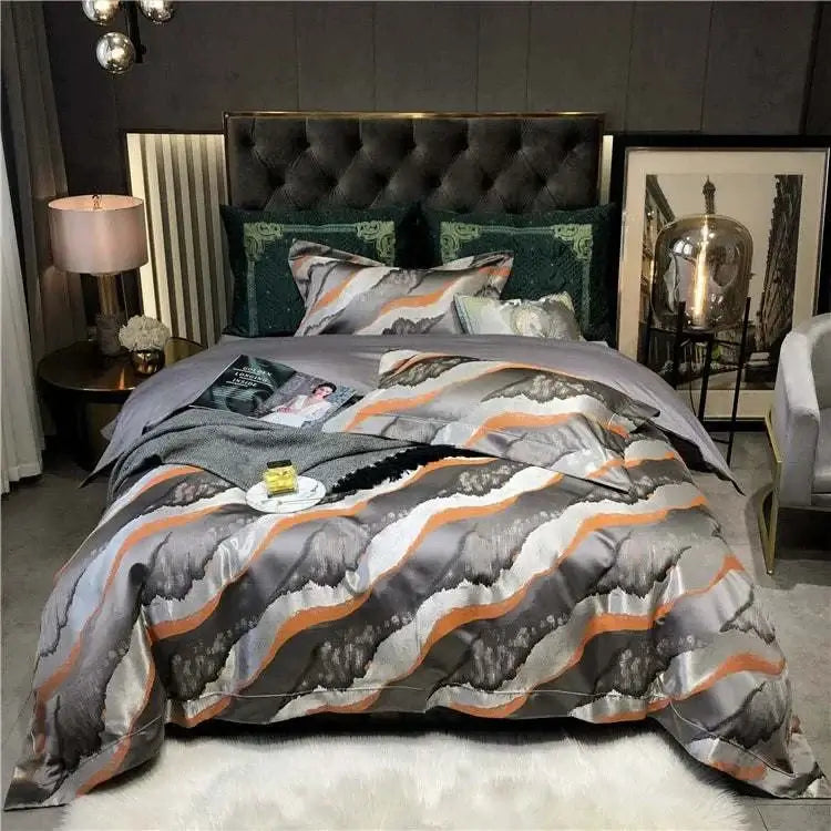 Luxury black and gold yarn-dyed jacquard bedding set on bed with dark tufted headboard in elegant bedroom