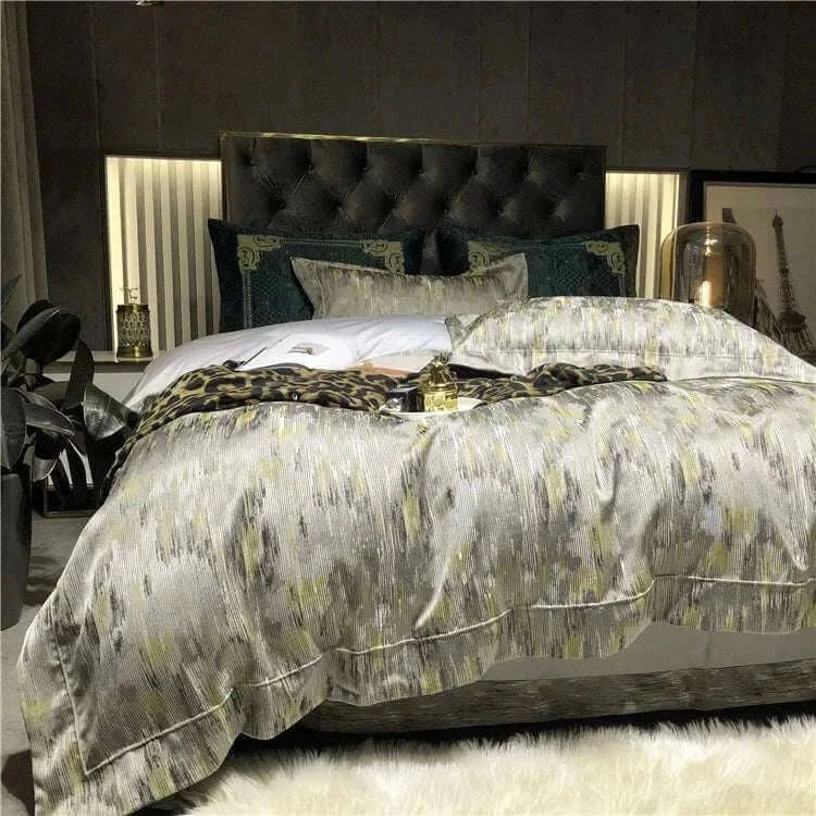 Luxury black and gold yarn-dyed jacquard Egyptian cotton bedding set on a bed in a modern bedroom