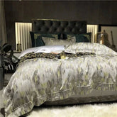 Luxury black and gold yarn-dyed jacquard Egyptian cotton bedding set on a bed in a modern bedroom