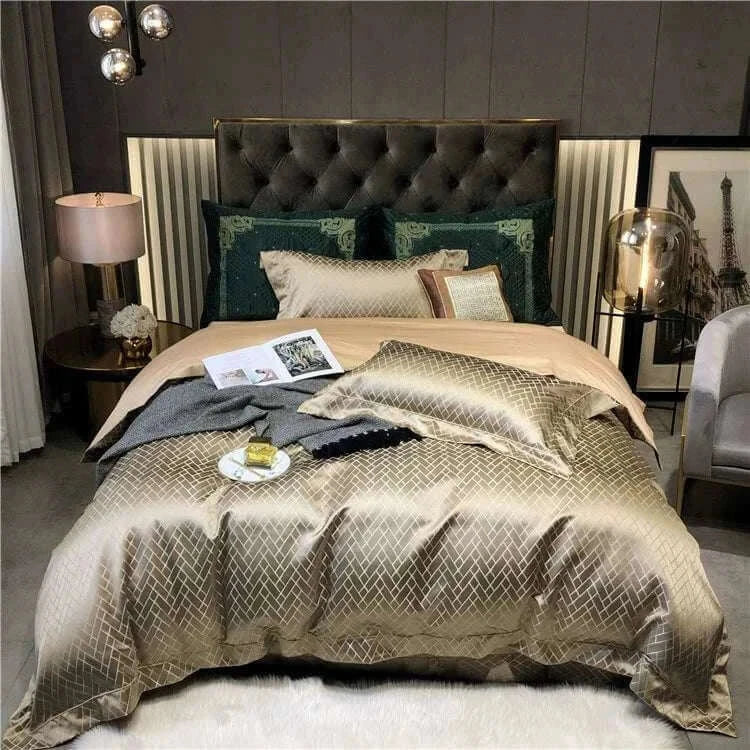 Stylish bedroom featuring black gold yarn bedding set with elegant textures and modern decor.