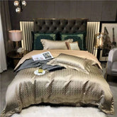 Stylish bedroom featuring black gold yarn bedding set with elegant textures and modern decor.